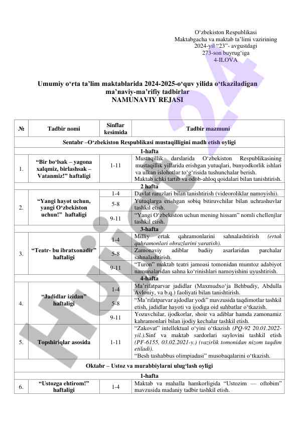 Namuna reja maʼnaviy-maʼrifiy tadbirlar 2024-2025