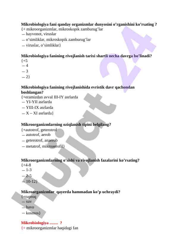 Mikrobiologiya fani o’rganishi ixtisoslashtirilgan mavzular