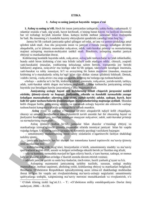 Etika va axloqning jamiyatdagi o'rni