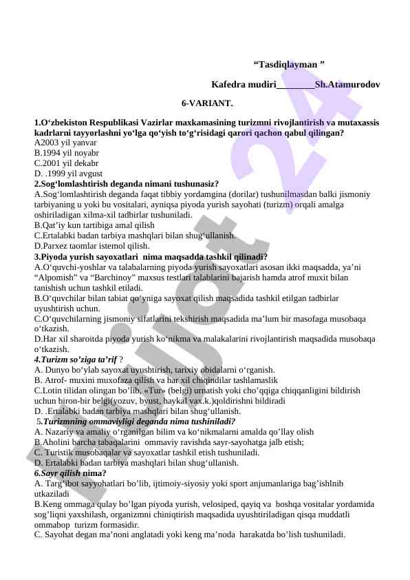 Turizmni rivojlantirish bo‘yicha test savollari