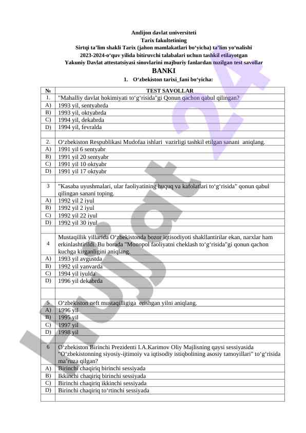 O‘zbekiston tarixi va jahon tarixi test savollari banki