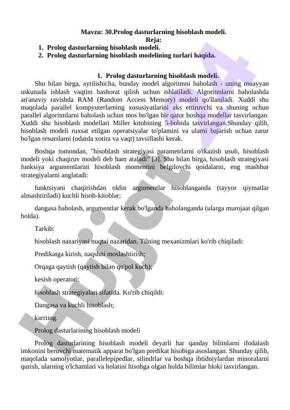 Prolog dasturlarning hisoblash modeli tahlili