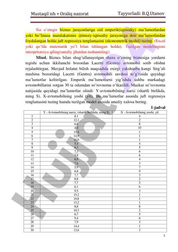 Juft regressiya tenglamasi tahlili va interpritatsiyasi