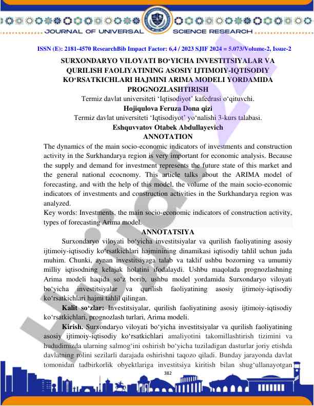 Investitsiyalar va qurilish faoliyati prognozlash