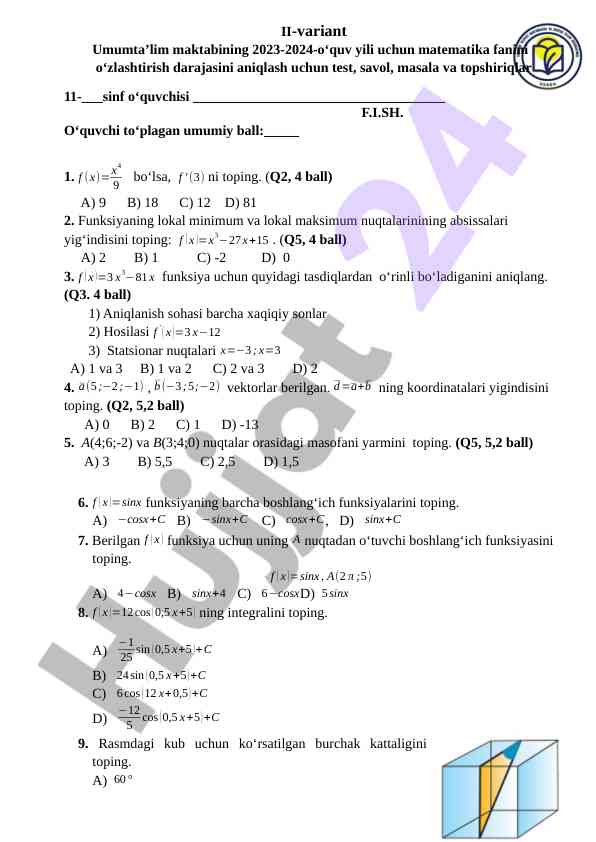 Matematika fanidan test savollari 2023-2024