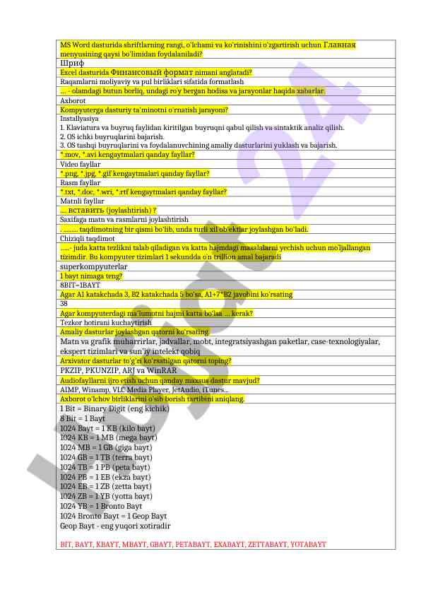 Ms word va excel dasturlarida asosiy funktsiyalar