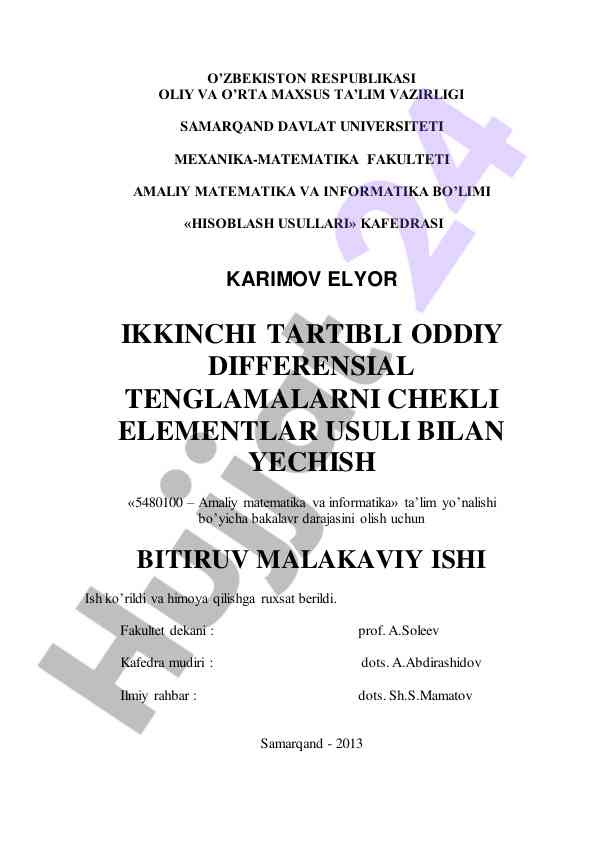 Chekli elementlar usuli bilan differensial tenglamalar