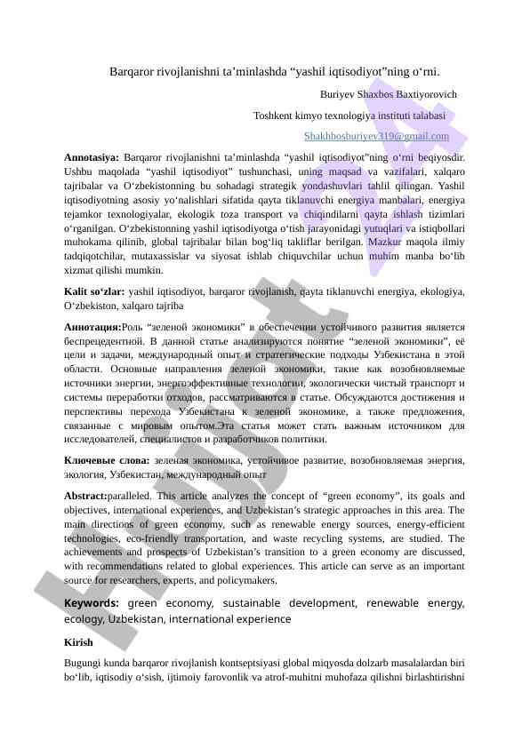 Yashil iqtisodiyotning barqaror rivojlanishdagi o‘rni