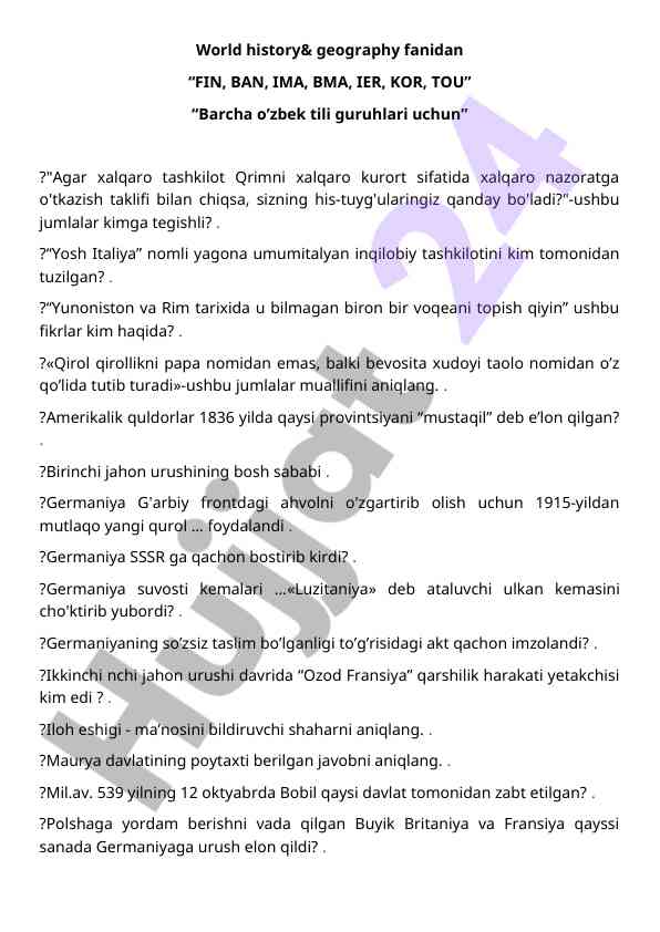 Jahon tarixi va geografiya bo'yicha test savollari