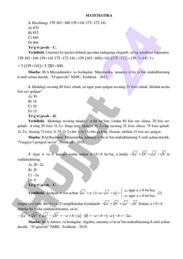 Matematika 6-sinf darsligi hisoblash misollari