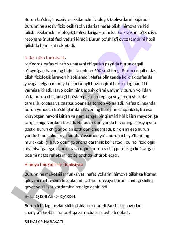 Burun bo’shlig’i fiziologik faoliyatlari va nafas olish