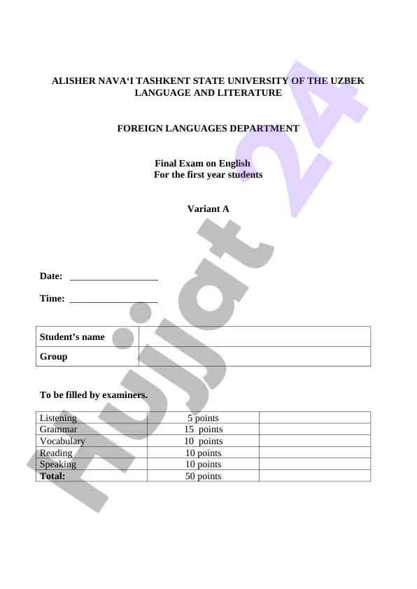 Final exam on english for first year students