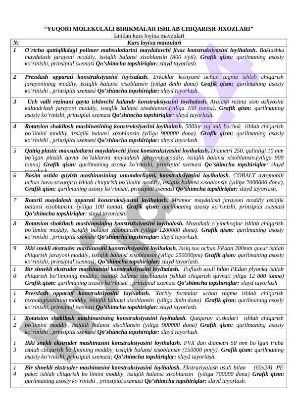 Yuqori molekular birikmalar ishlab chqarish jixozlari