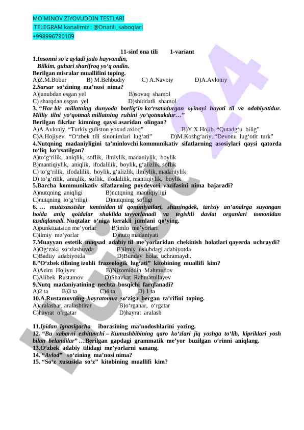 11-sinf ona tili testlari variant 1