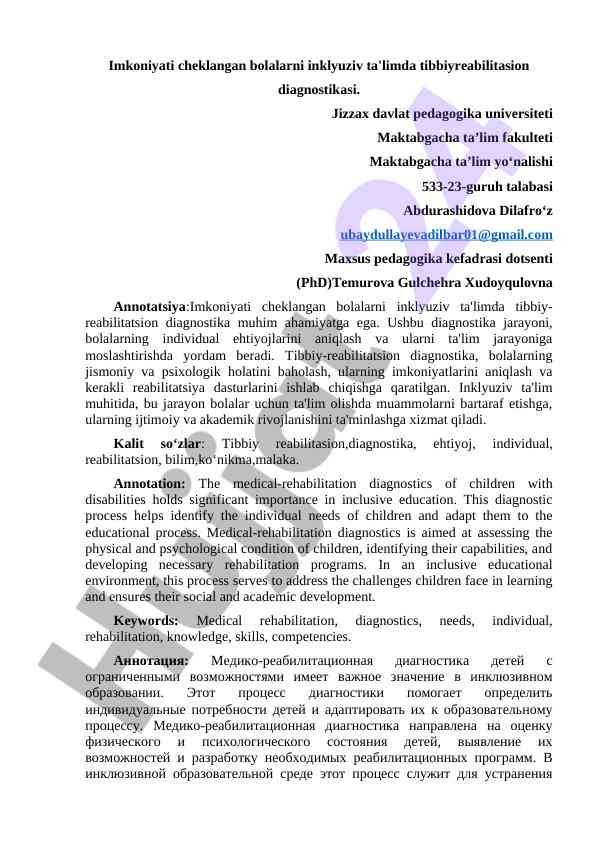 Imkoniyati cheklangan bolalar uchun tibbiy diagnostika