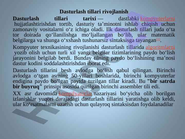 Dasturlash tillari rivojlanishi haqida ma'lumot