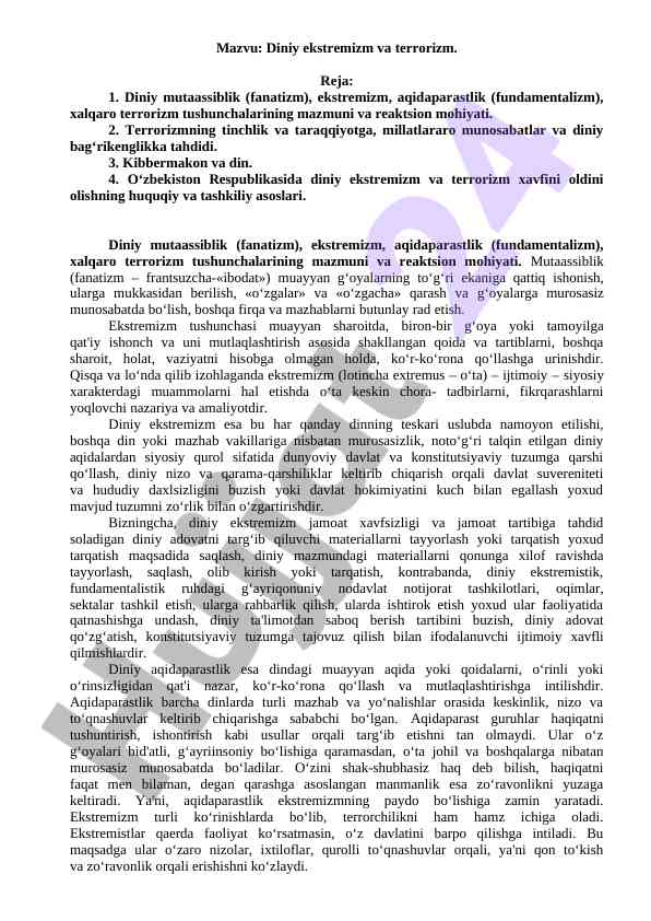 Diniy ekstremizm va terrorizm tushunchalari