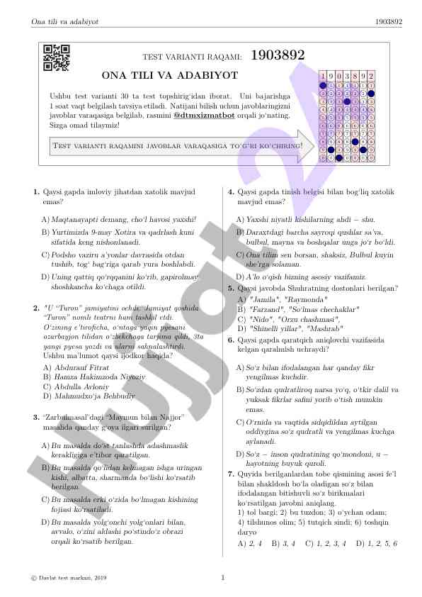 Ona tili va adabiyot test variantlari