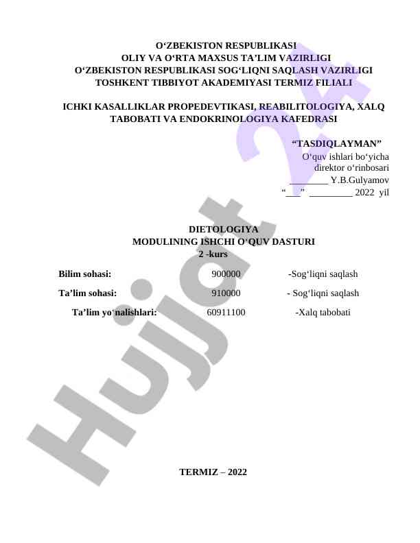 Dietologiya modulining ishchi o‘quv dasturi 2022