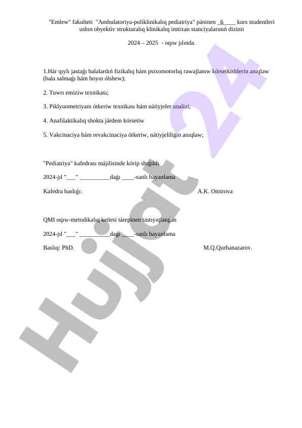 Ambulatoriya poliklinikalıq pediatriya imtihoni 2024