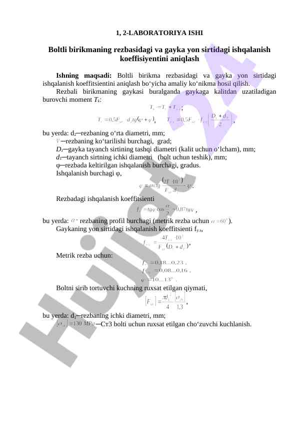 Boltli birikmada ishqalanish koeffisiyentini aniqlash