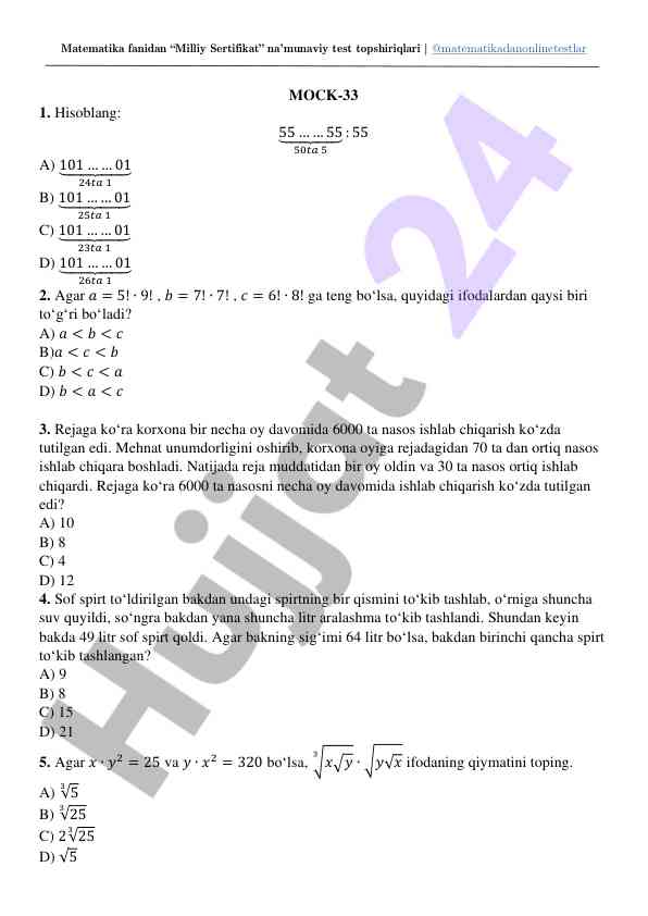 Milliy sertifikat namunaviy test topshiriqlari