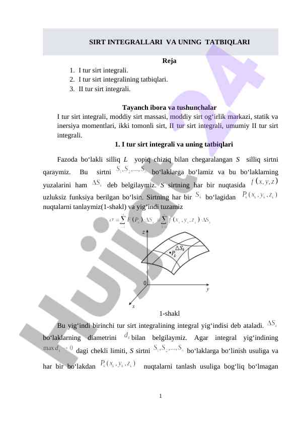 Sirt integrallari va uning tatbiqlari
