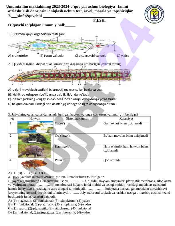 Biologiya fanini o‘zlashtirish testlari 2023-2024