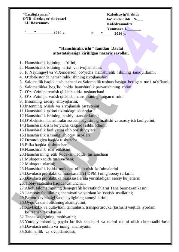 Hamshiralik ishining nazariy savollari