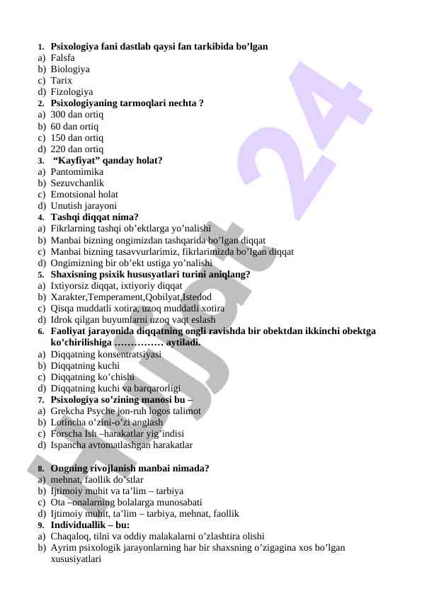 Psixologiya fani bo‘yicha test savollari