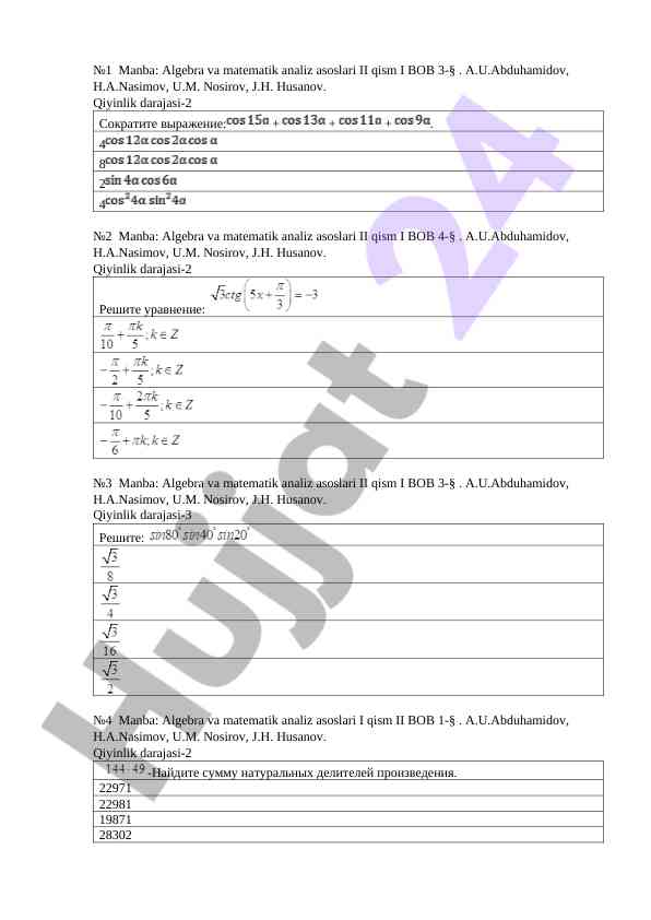 Algebra va matematik analiz asoslari i-ii qism qo‘llanma