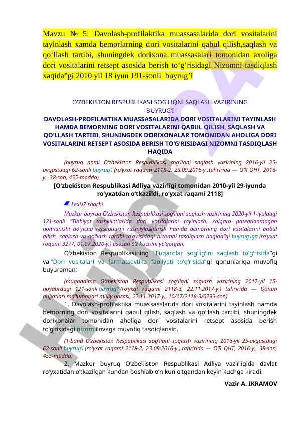 Dori vositalarini tayinlash tartibi haqida nizom