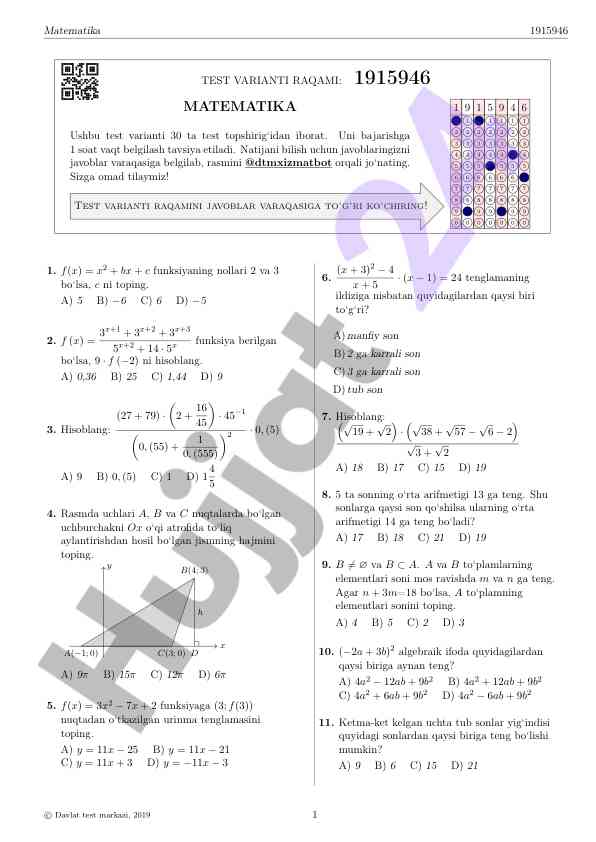 Matematika test varianti va topshiriqlar