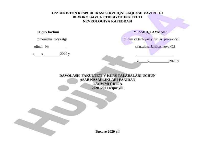 Asab kasalliklari fanidan taqvimiy reja 2020-2021