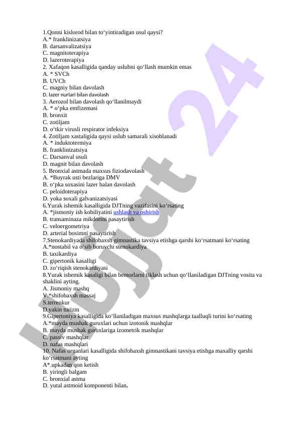 Tibbiy davolash usullari haqida test savollari
