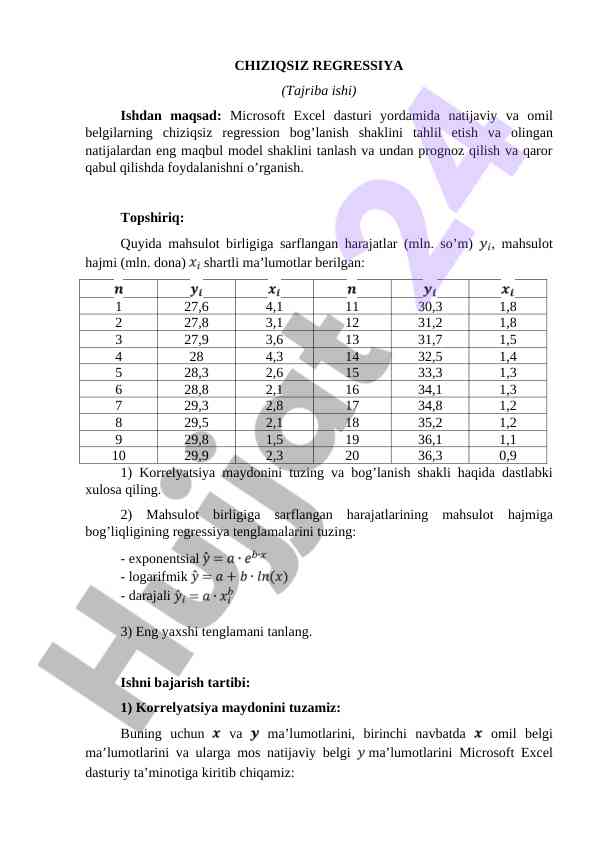 Chiziqsiz regression tahlili va microsoft excel