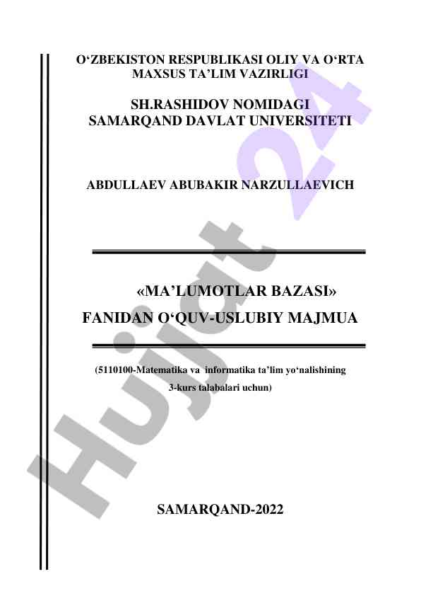 Ma’lumotlar bazasi fanidan o‘quv-uslubiy majmua
