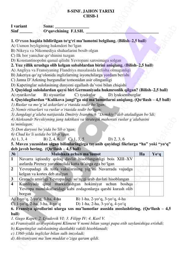 8-sinf jahon tarixi chsb-1