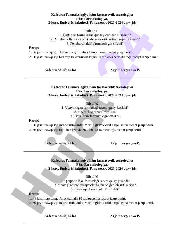 Farmakologiya laboratoriya ishlari iv semestr