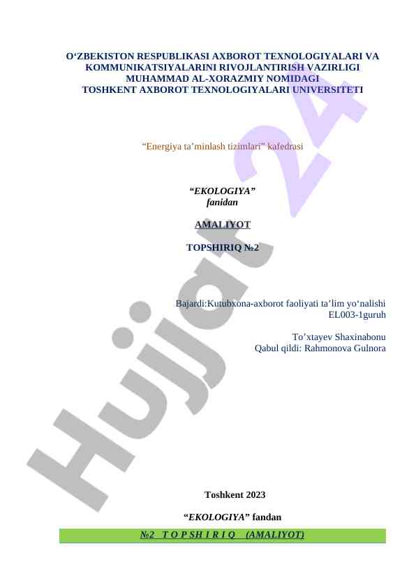 Ekologiya fanidan amaliyot topshiriq №2