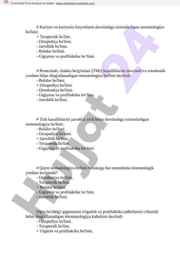 Stomatologiya bo'limlari haqida ma'lumotlar
