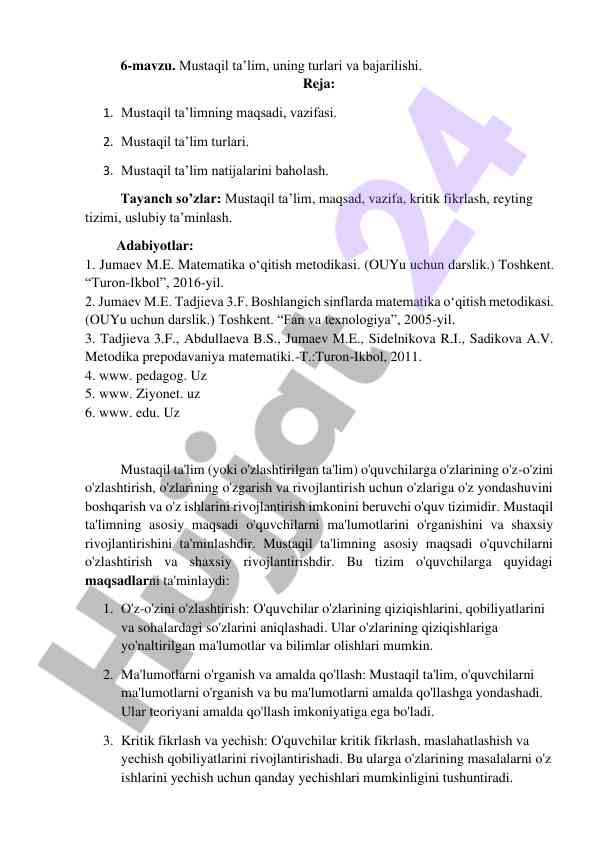 Mustaqil ta'lim turlari va bajarilishi