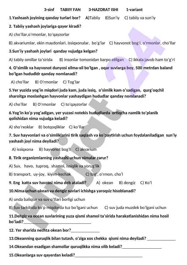 3-sinf tabii y fan nazorat isht 1-variant