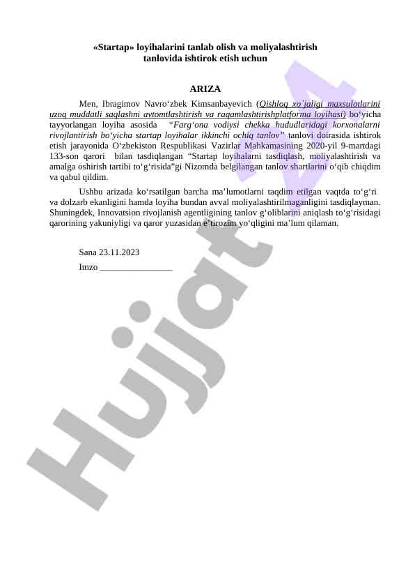 Startap loyihalari tanlovida ishtirok etish jarayoni