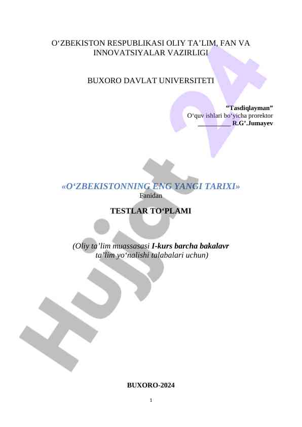 O'zbekistonning Eng YangI Tarixi Testlar To'plami
