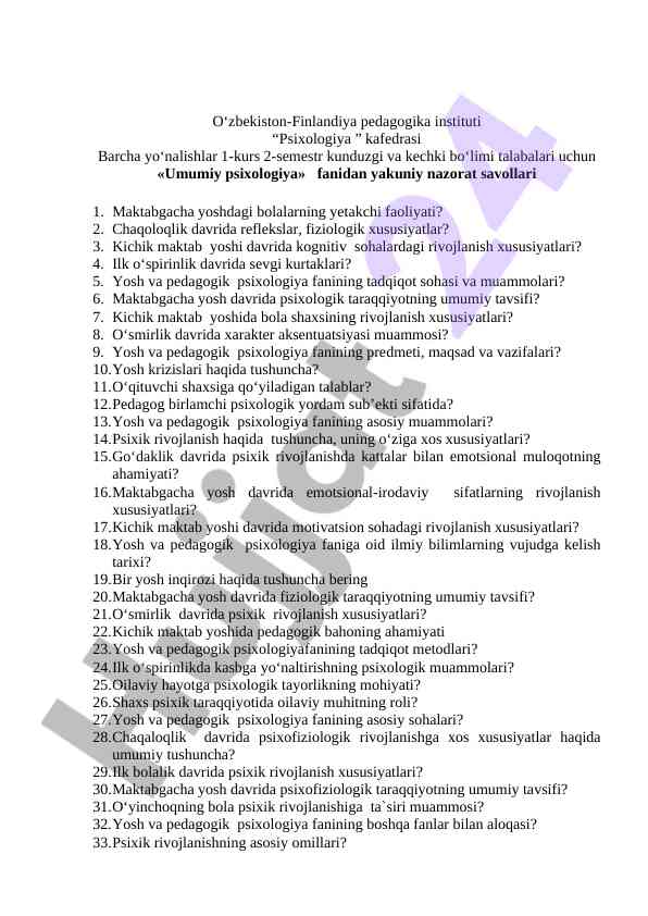 Umumiy psixologiya fanidan yakuniy nazorat savollari