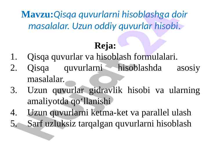 Qisqa quvurlarni hisoblashga doir masalalar