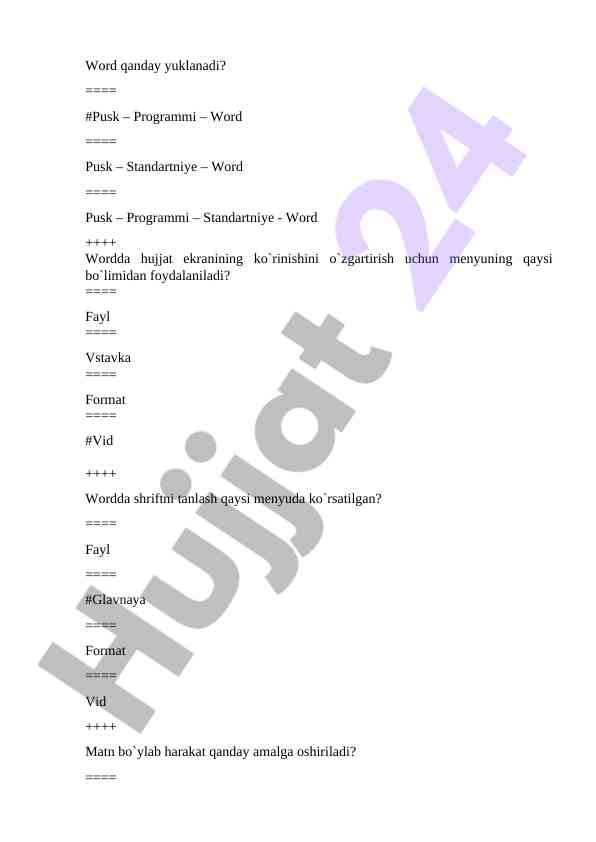 Word dasturida ishlash usullari va menyu tuzilishi