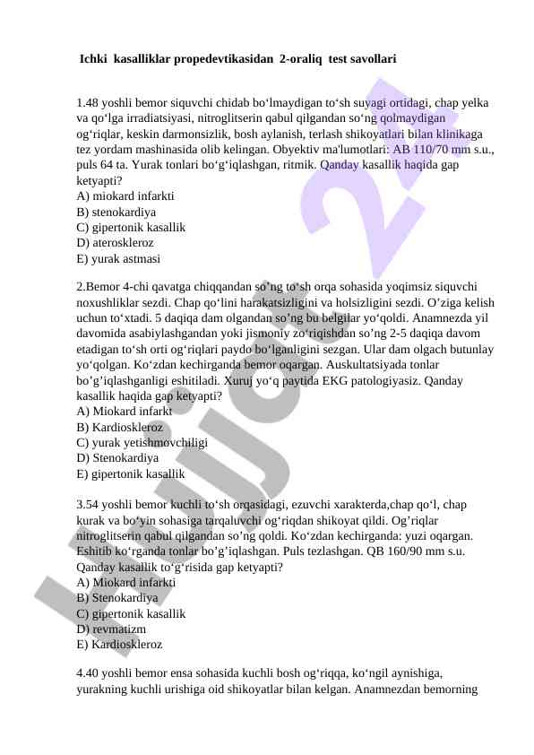 Ichki kasalliklar propedevtikasi test savollari