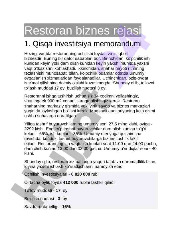 Restoran biznes rejasi: investitsiya va strategiyalar